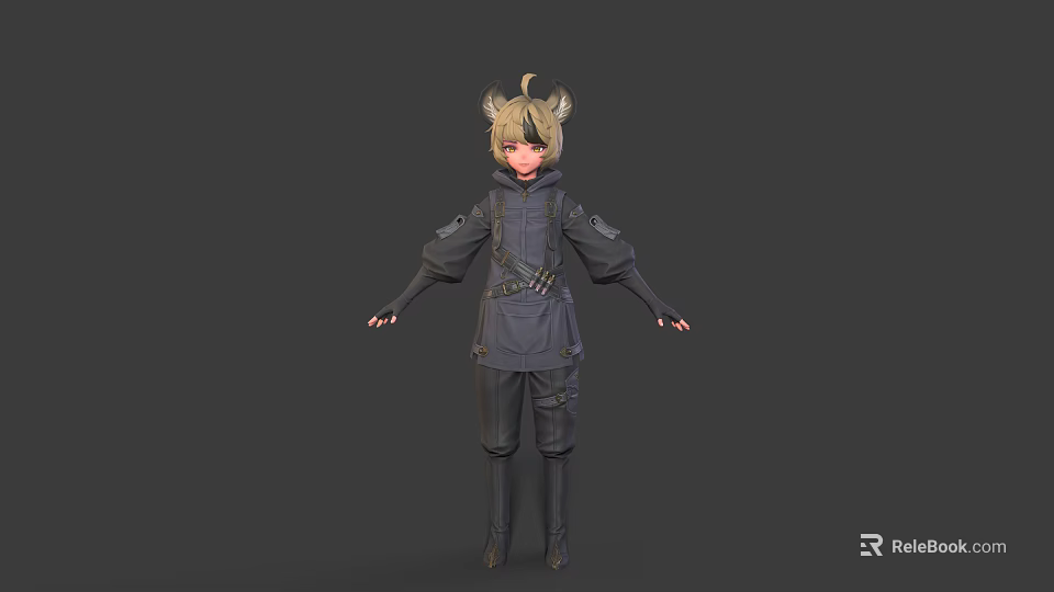 3D Character With Cat Ears Wearing Dark Stylish Outfit Long Sleeves And Boots 3d model 