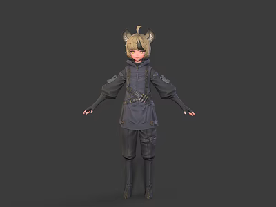 3D Character With Cat Ears Wearing Dark Stylish Outfit Long Sleeves And Boots 3d model