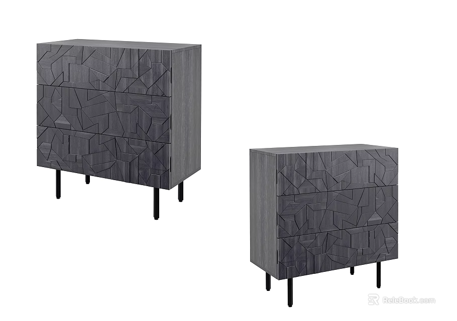 Two Modern Gray TV Stands With Geometric Pattern And Black Legs 3d model 