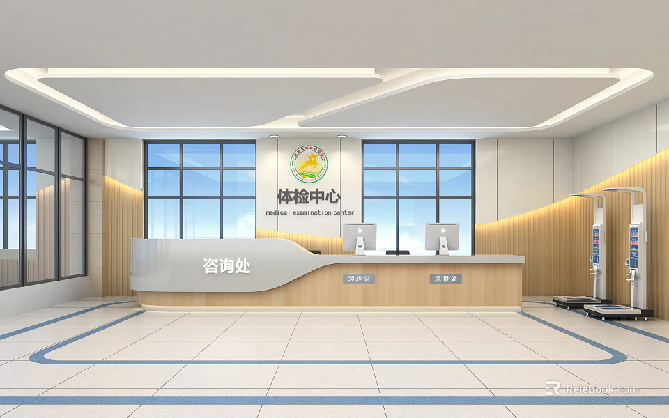 Spacious Medical Examination Center Lobby With Consultation Desk And Large Windows 3d model 
