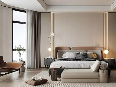 Modern Elegant Bedroom Interior Design With Brown Headboard Table Lamps Curtains And Ottoman 3d model