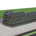 Traditional Wooden Multi story Commercial Street Featuring Balconies Pedestrian Walkway And Wet Pavement Under Blue Sky