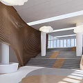 Modern Front Desk Reception Area With Wooden Paneling Cloud Pendant Lights And Glass Partitions