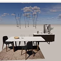 Modern Dining Table Set With White Top Black Chairs Wooden Legs Pendant Lights And Cabinet