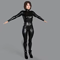 Woman In Sleek Black Leather Bodysuit With Arms Outstretched Against Gray Background