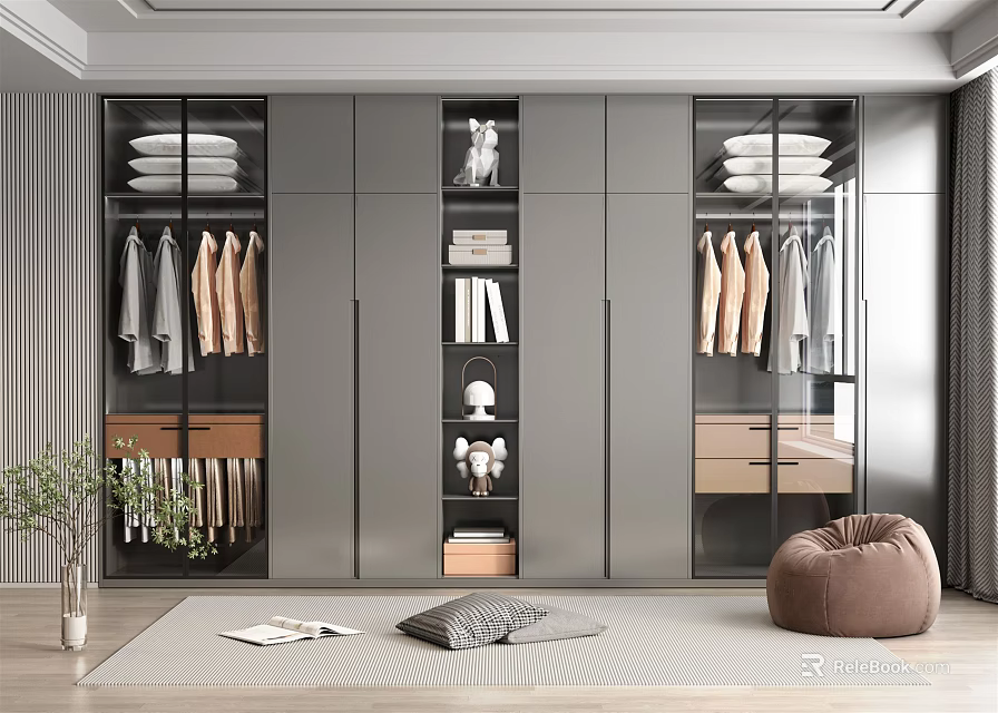 Modern Wardrobe With Glass Doors Hanging Clothes Folded Items And Decorative Shelves 3d model 