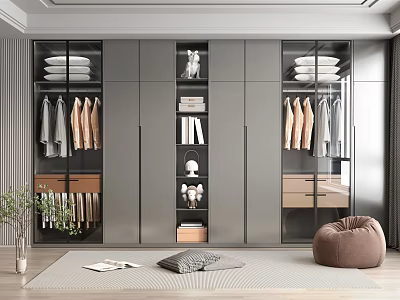 Modern Wardrobe With Glass Doors Hanging Clothes Folded Items And Decorative Shelves 3d model