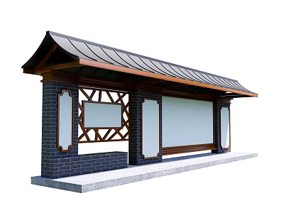Traditional Station with Sloped Tile Roof Brick Pillars Wooden Frame and White Notice Board 3d model