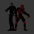 Black and Red Armored Characters and Creatures With Weapon and Clawed Hands Standing Together