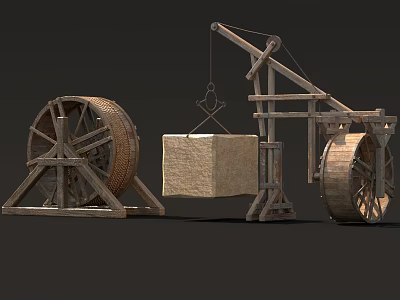 Ancient Industrial Equipment Featuring Wooden Pulley Wheels and Stone Block Lifting Mechanism 3d model
