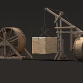 Ancient Industrial Equipment Featuring Wooden Pulley Wheels and Stone Block Lifting Mechanism