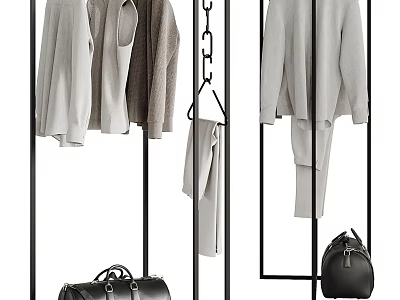 Gray and Beige Casual Clothes Hanging on Black Metal Racks with Black Bags 3d model