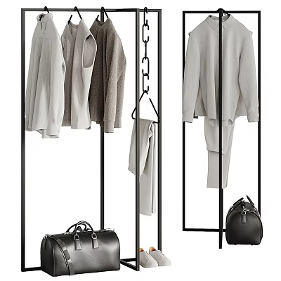 Gray and Beige Casual Clothes Hanging on Black Metal Racks with Black Bags 3d model