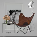 Brown Leather Lounge Chair With Side Table Vase Pink Flowers Monochrome Photo And Floor Lamp