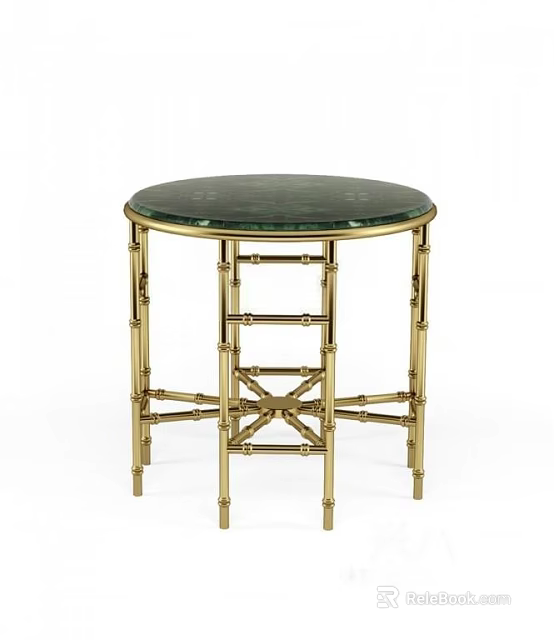 Elegant Round Side Table With Green Marble Top And Gold Bamboo Design Legs 3d model 