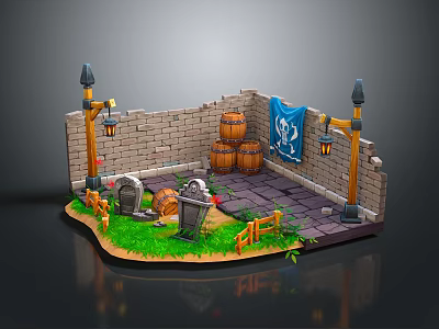 Cartoon Scene with Brick Walls Barrels Flag Street Lamps Gravestones Grass and Wooden Fences 3d model