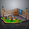 Cartoon Scene with Brick Walls Barrels Flag Street Lamps Gravestones Grass and Wooden Fences