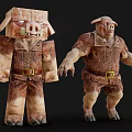Pig like Characters 3D Model Designs With Tattered Brown Clothing Belt Blocky Humanoid Shapes