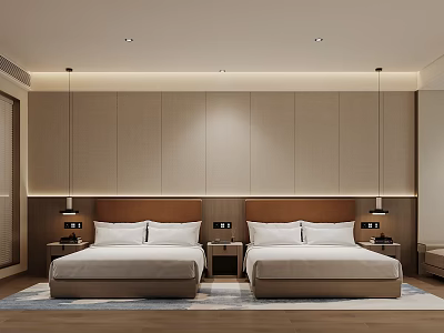 Modern Hotel Guest Room With Twin Beds Brown Headboards Neutral Walls And Pendant Lights 3d model