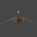 Vintage Wooden Sailboat With Oars Hanging Lit Lantern And Dark Background
