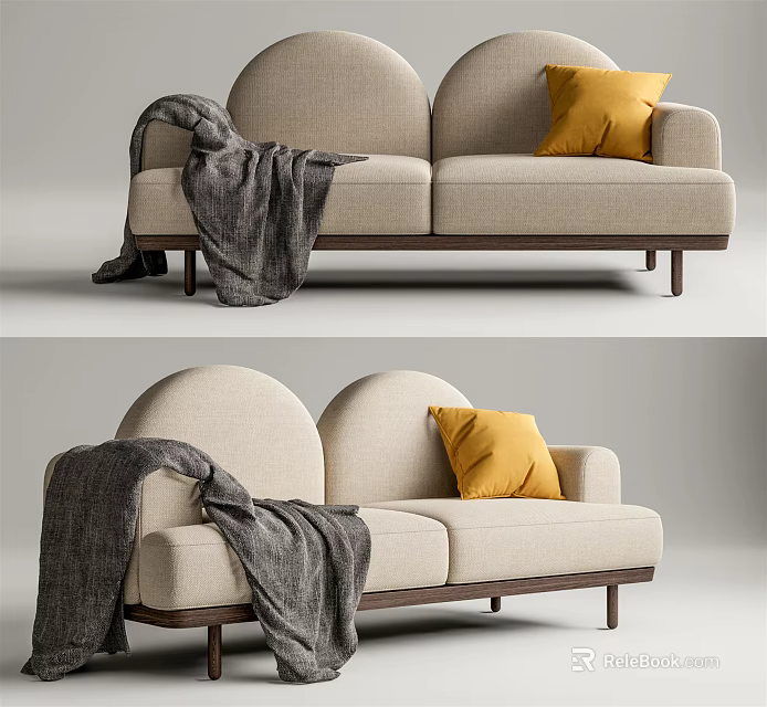 Beige Two Seater Sofa With Gray Blanket Yellow Cushion And Wooden Legs 3d model 