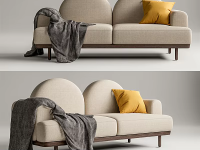 Beige Two Seater Sofa With Gray Blanket Yellow Cushion And Wooden Legs 3d model