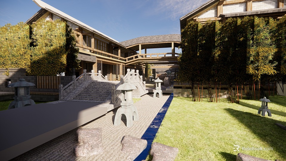 Ancient Architecture Courtyard with Traditional Design Stone Bridge Lanterns and Greenery 3d model 