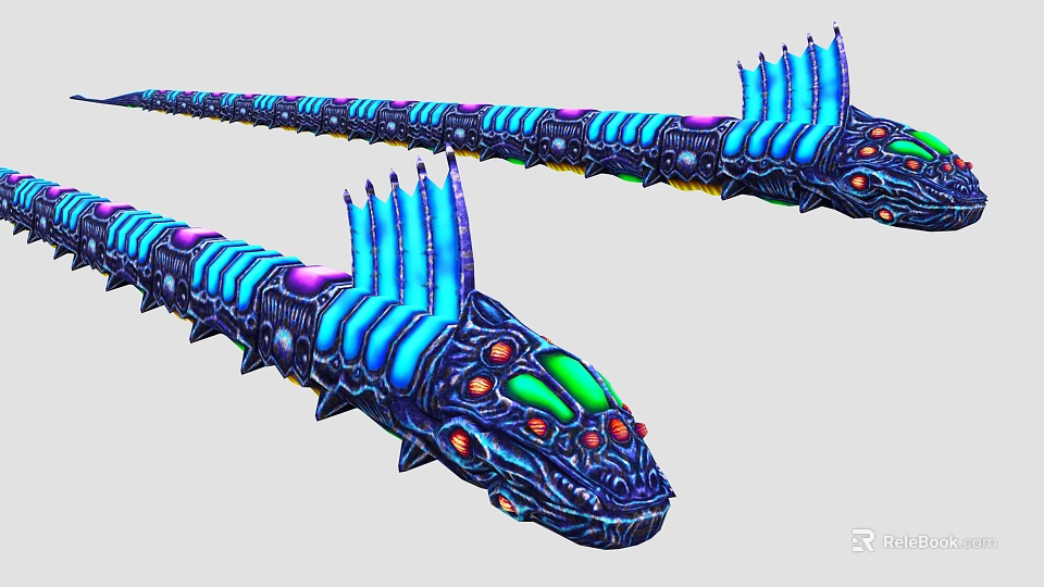 Long Sci Fi Creature With Blue Glowing Fins And Colorful Head Features 3d model 