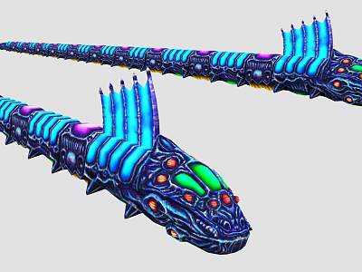 Long Sci Fi Creature With Blue Glowing Fins And Colorful Head Features 3d model