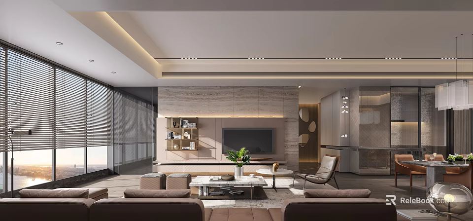 Modern Living Dining Room Interior With Sofa Coffee Table TV Wall Decorative Shelves And Green Plant 3d model 