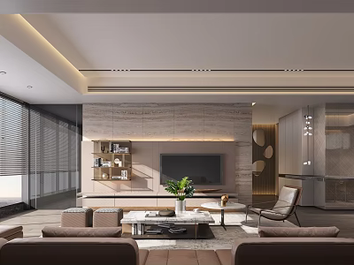 Modern Living Dining Room Interior With Sofa Coffee Table TV Wall Decorative Shelves And Green Plant 3d model