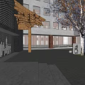 Modern School Building With Open Courtyard Trees Brick Walls And Wooden Structure