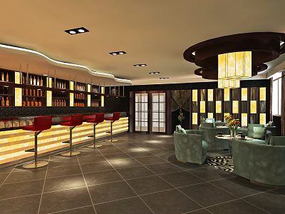 Elegant Restaurant Interior With Red Bar Stools Wine Racks Chandelier And Green Sofas 3d model
