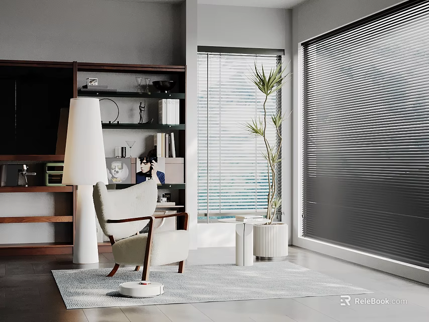 Modern Interior Decorative Ornament Set With Bookshelf Armchair And Potted Plant Blinds 3d model 