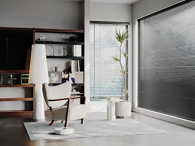 Modern Interior Decorative Ornament Set With Bookshelf Armchair And Potted Plant Blinds 3d model