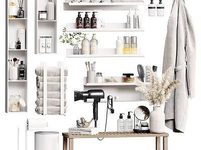 Organized Bathroom Shelves With Daily Washing Essentials Towels Hairdryer Mirror And Plants 3d model