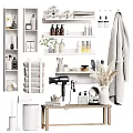 Organized Bathroom Shelves With Daily Washing Essentials Towels Hairdryer Mirror And Plants