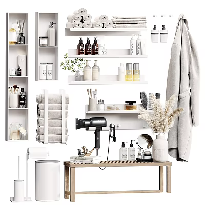 Organized Bathroom Shelves With Daily Washing Essentials Towels Hairdryer Mirror And Plants 3d model