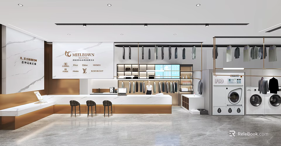 WellDone Store Interior With Clothing Display Hanging Clothes Counter And Laundry Equipment 3d model 