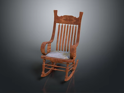 Wooden Rocking Armchair with Slatted Back and Cushioned Seat Design 3d model