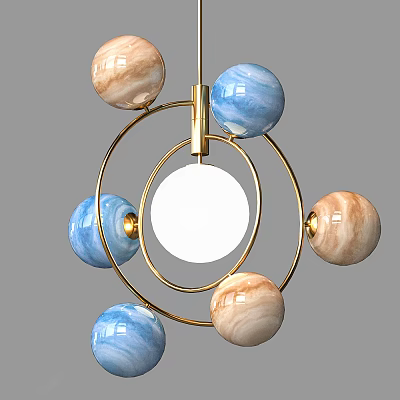 Elegant Modern Chandelier With Golden Rings Blue And Beige Spheres Design 3d model