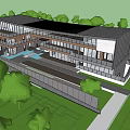 Modern Sales Office Building With Green Lawn Trees Pink Flowers And Water Feature