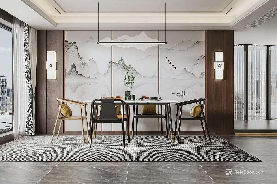 New Chinese Restaurant Interior With Chandelier Landscape Painting Backdrop Dining Table And Chairs 3d model 