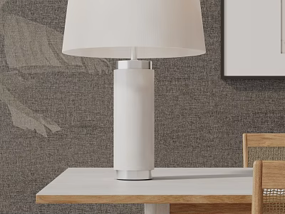 White Cylinder Table Lamp With White Shade On Light Wood Table And Gray Wall 3d model