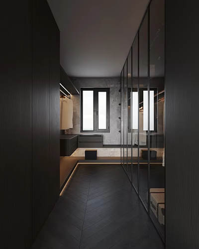Modern Luxury Walk-in Closet Interior With Dark Wooden Cabinets Glass Doors And Window 3d model