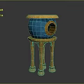 Blue Birdhouse With Circular Entrance Yellow Top On Yellow Four Legged Stand