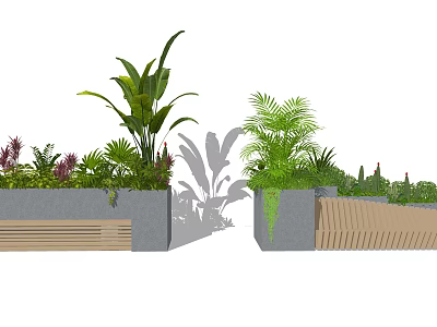 Outdoor Landscape Seating With Wooden Benches And Lush Green Plants 3d model