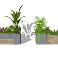 Outdoor Landscape Seating With Wooden Benches And Lush Green Plants