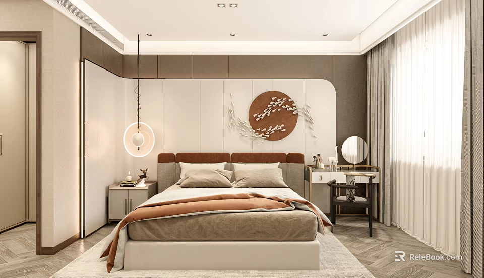 Modern Bedroom Interior With Circular Floral Wall Decor Hanging Lamp Bedside Tables And Dressing Table 3d model 