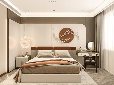 Modern Bedroom Interior With Circular Floral Wall Decor Hanging Lamp Bedside Tables And Dressing Table 3d model